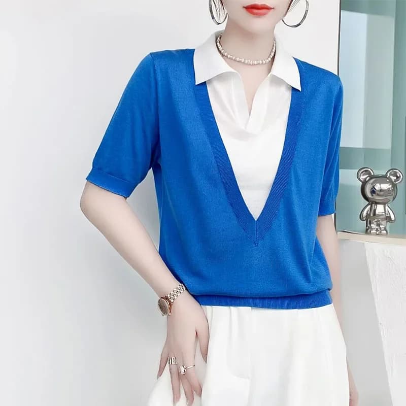 Maglioni da donna in maglia allentata solida Primavera Estate Colletto polo Manica corta Patchwork Pullover casual femminile in due pezzi finti
