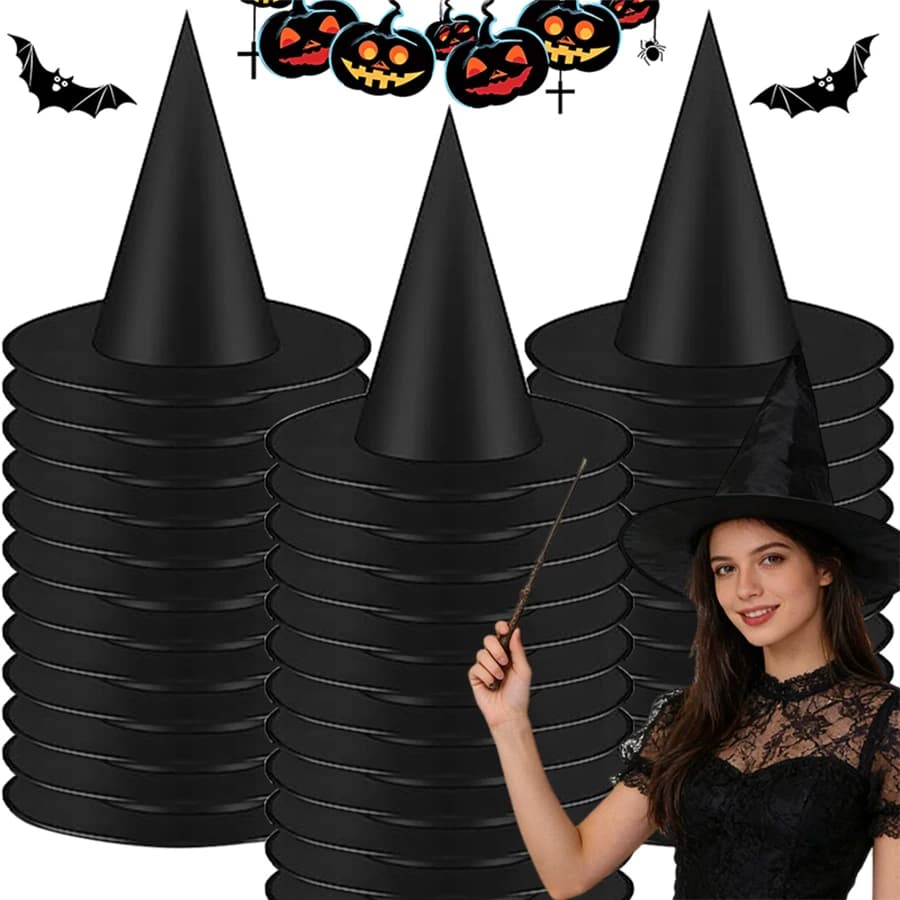 Black Witch Hats Bulk, Halloween Costume Wizard Hats Black Pointed Witch Caps for Cosplay Masquerade Halloween Party Decorations