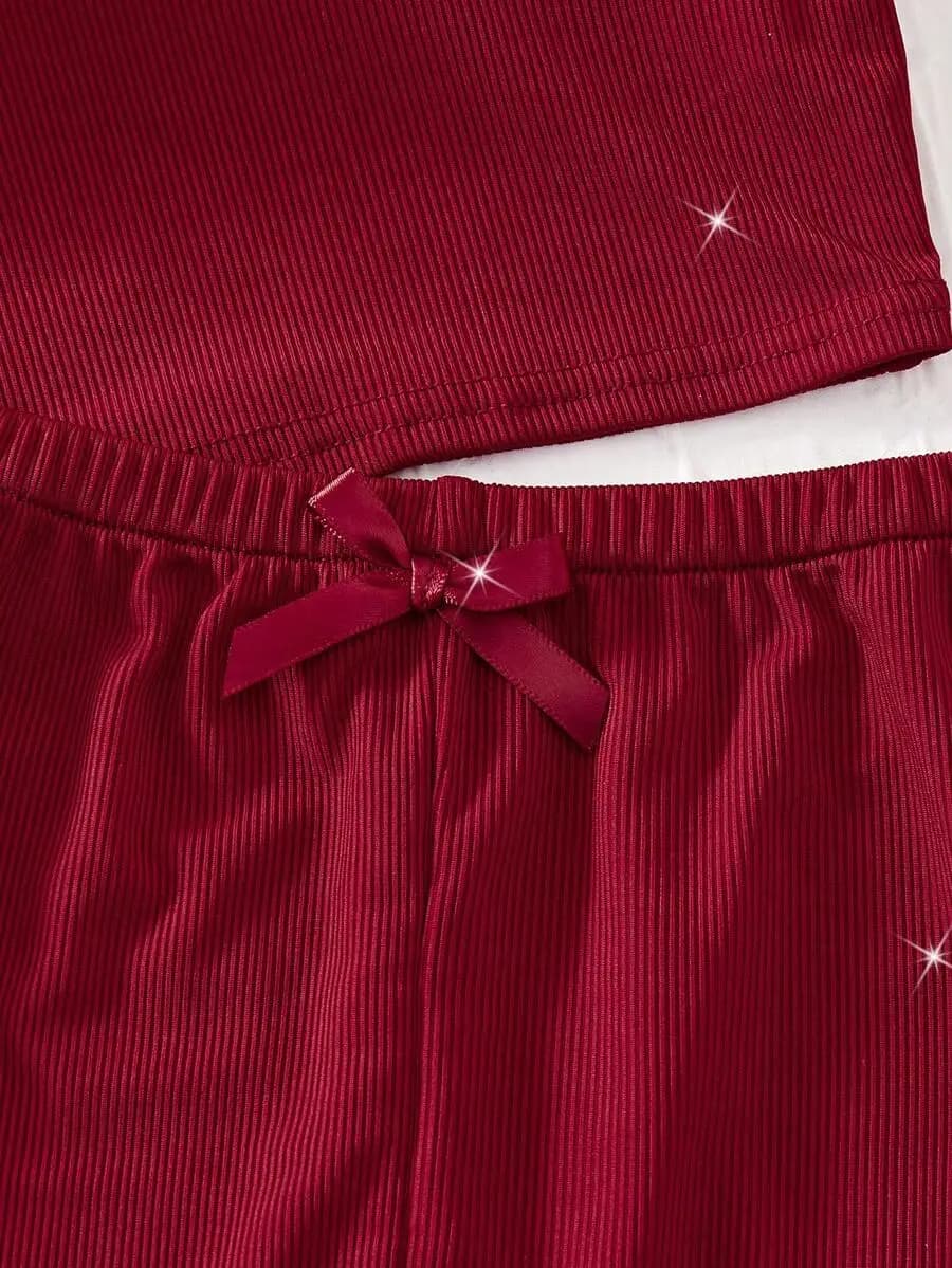 Set da notte da donna composto da 2 pezzi: canotta con fiocco a tinta unita e pantaloncini elasticizzati
