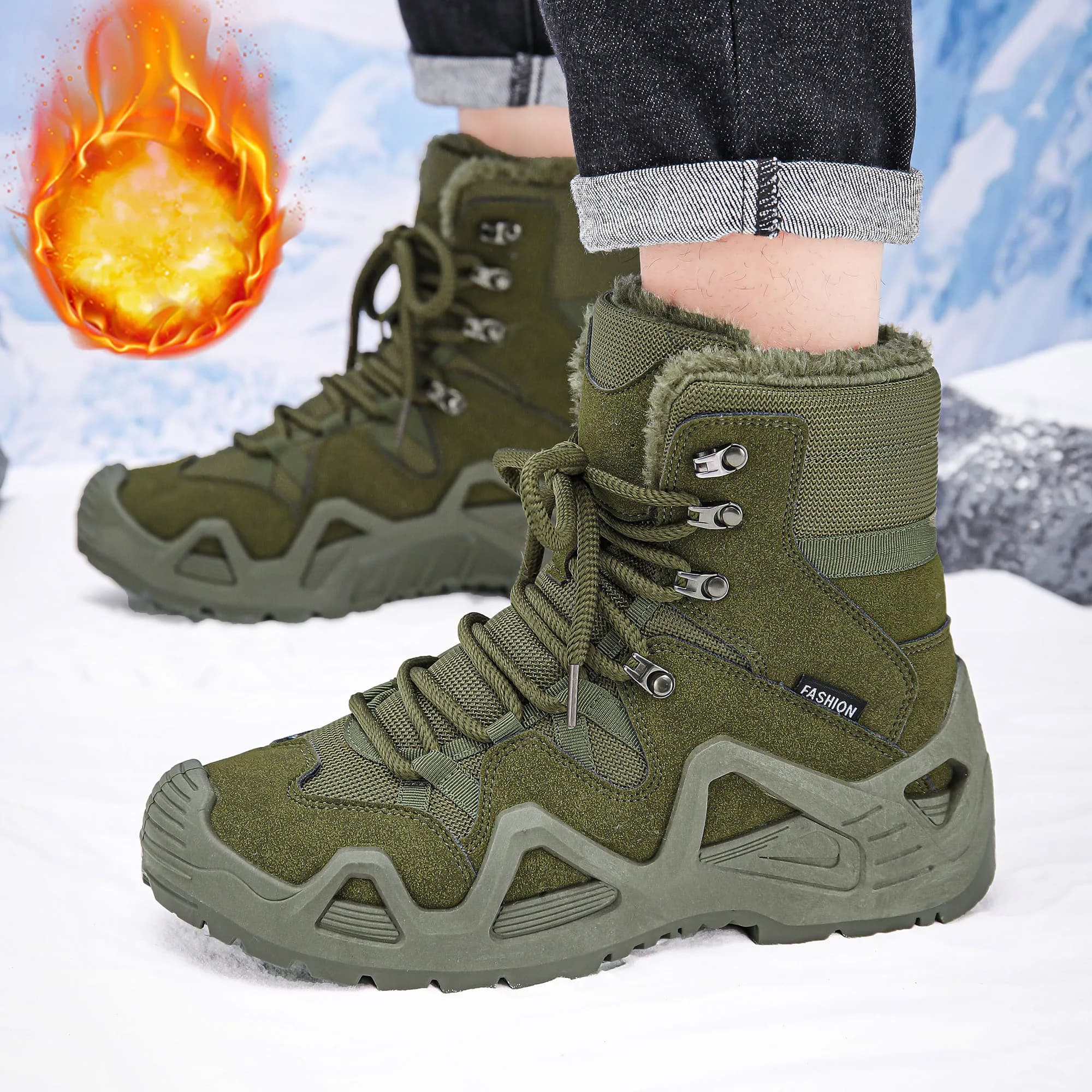 Men Winter High Top Snow Boots Thick Fur Lined Warm Outdoor Hiking Boots Anti Slip Thick Sole Lace Up Men's Winter Combat Boots