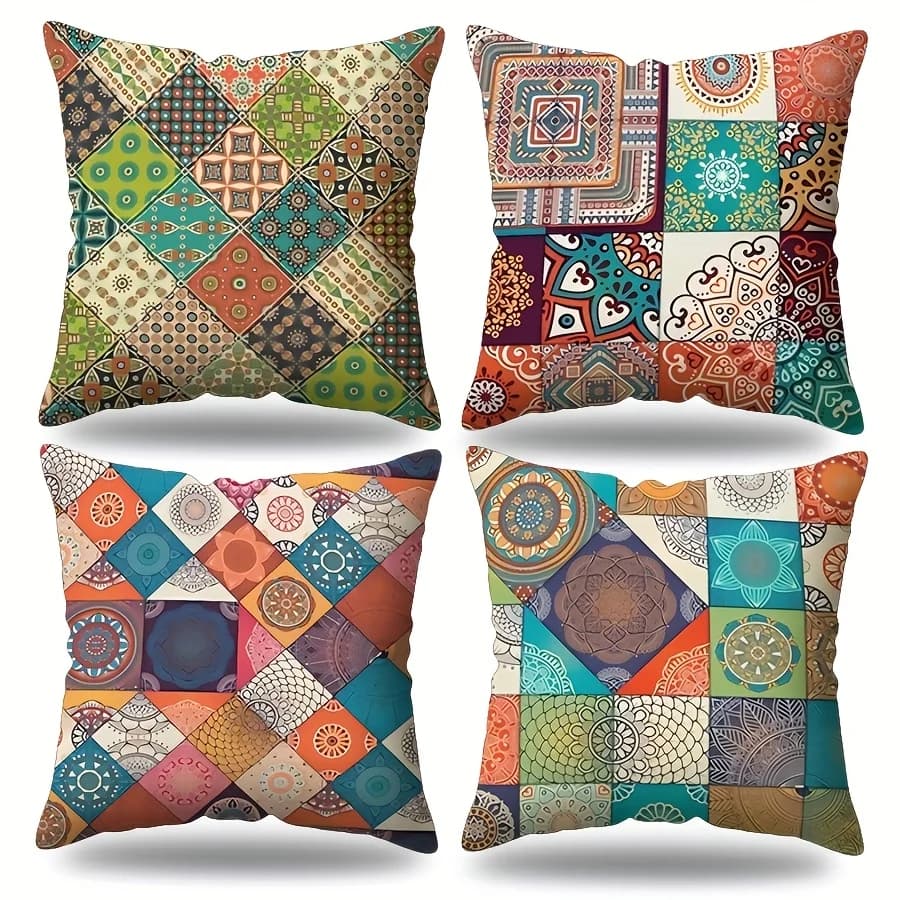 4pcs Bohemian pattern Single-sided printing Short plush Suitable for living rooms bedrooms sofas (excluding pillow cores)