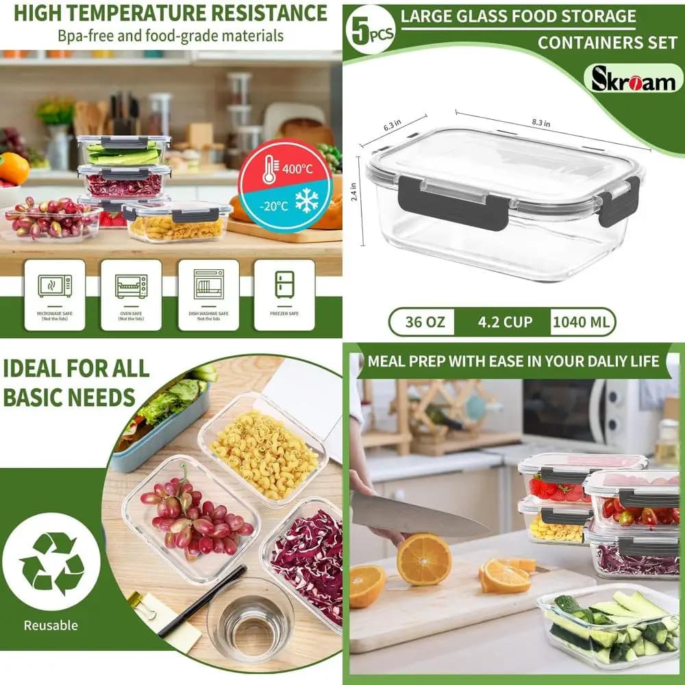 Set di 5, contenitori per la preparazione dei pasti in vetro da 36 once con coperchi ermetici, a prova di perdite, congelatore per forno sicuro, ideali per il pranzo e la cucina