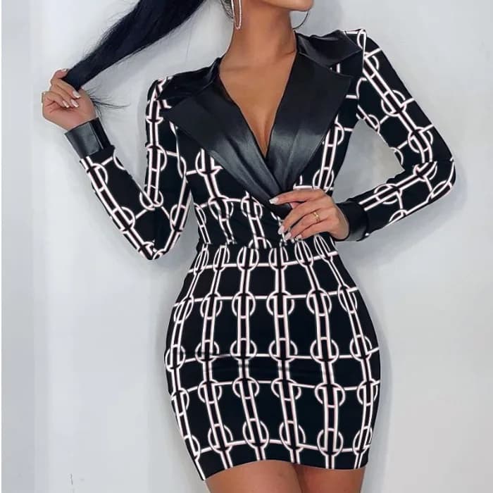 Nuovo Abito Primaverile Stile OL a Maniche Lunghe con Stampa a Quadri, Vestito Aderente con Inserti in Pelle PU, Gonna Avvolgente a Vita Alta, Ideale per l'Ufficio