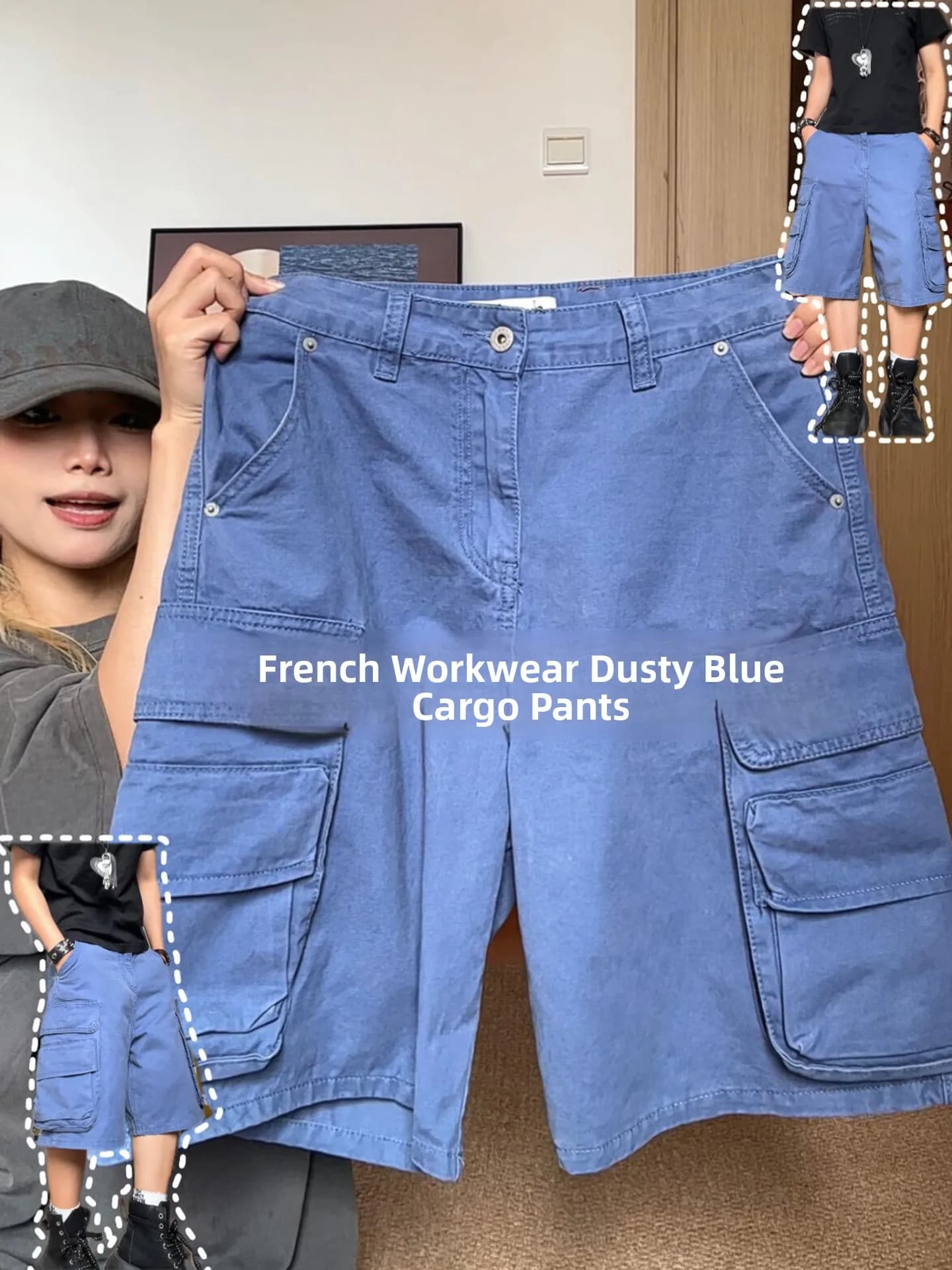 Summer Workwear Shorts Blue Washed Straight Leg Casual Pants Men Women Multi Pockets mid Waist Zipper Fly Loose Fit Jeans
