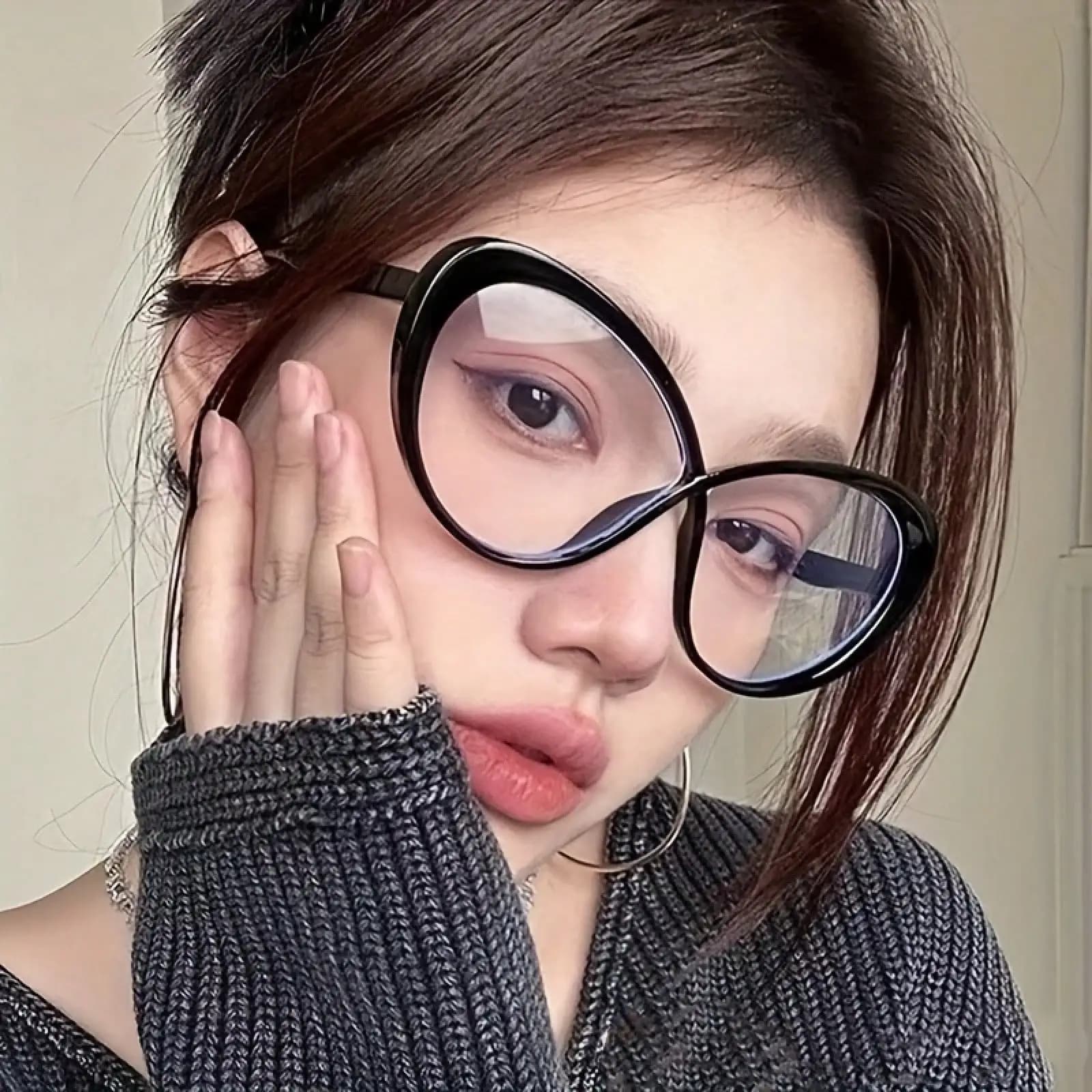 New Color Block Glasses Women Eye Frame Personality Fashion Light Plain Glasses 8-Shaped Must-Have No-Makeup Look