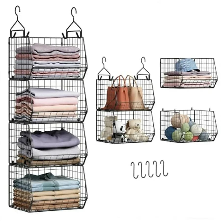 Organizzatore appendibile a 4 livelli per armadio, organizer e contenitori per armadio con 5 ganci a S, scaffali appendibili per armadio e scaffalatura autoportante in filo metallico