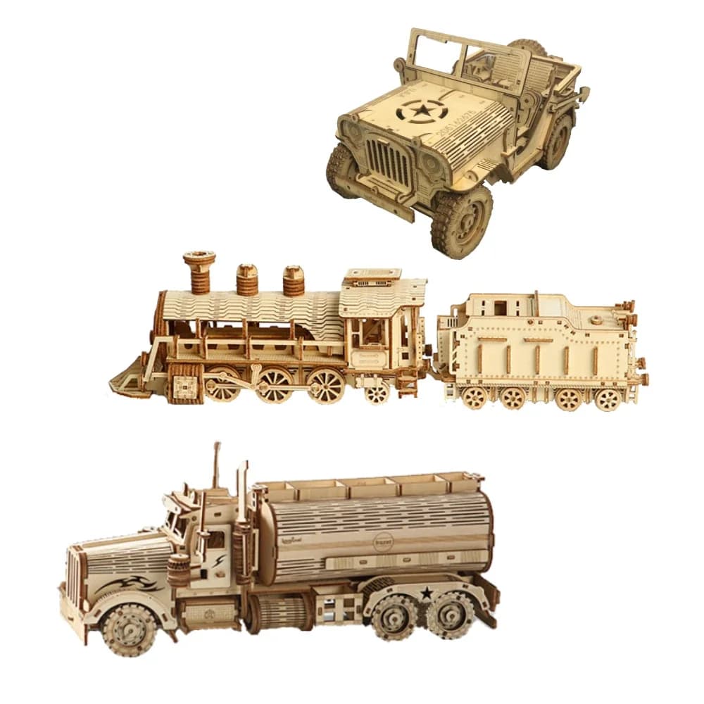 Puzzle 3D Treno a vapore classico mobile, auto, Jeep, camion assemblare giocattoli fai da te regalo per bambini adulti Kit di blocchi di costruzione di modello in legno