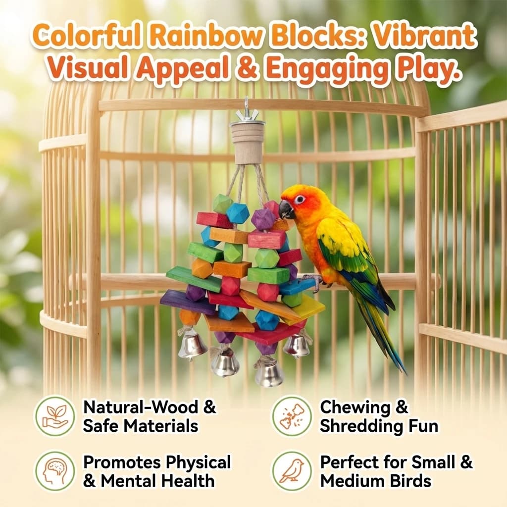 Parrot Toy with Rainbow Blocks and Bell Natural Wood Chew Toy for Small to Medium Birds Interactive Entertainment for Pet Birds