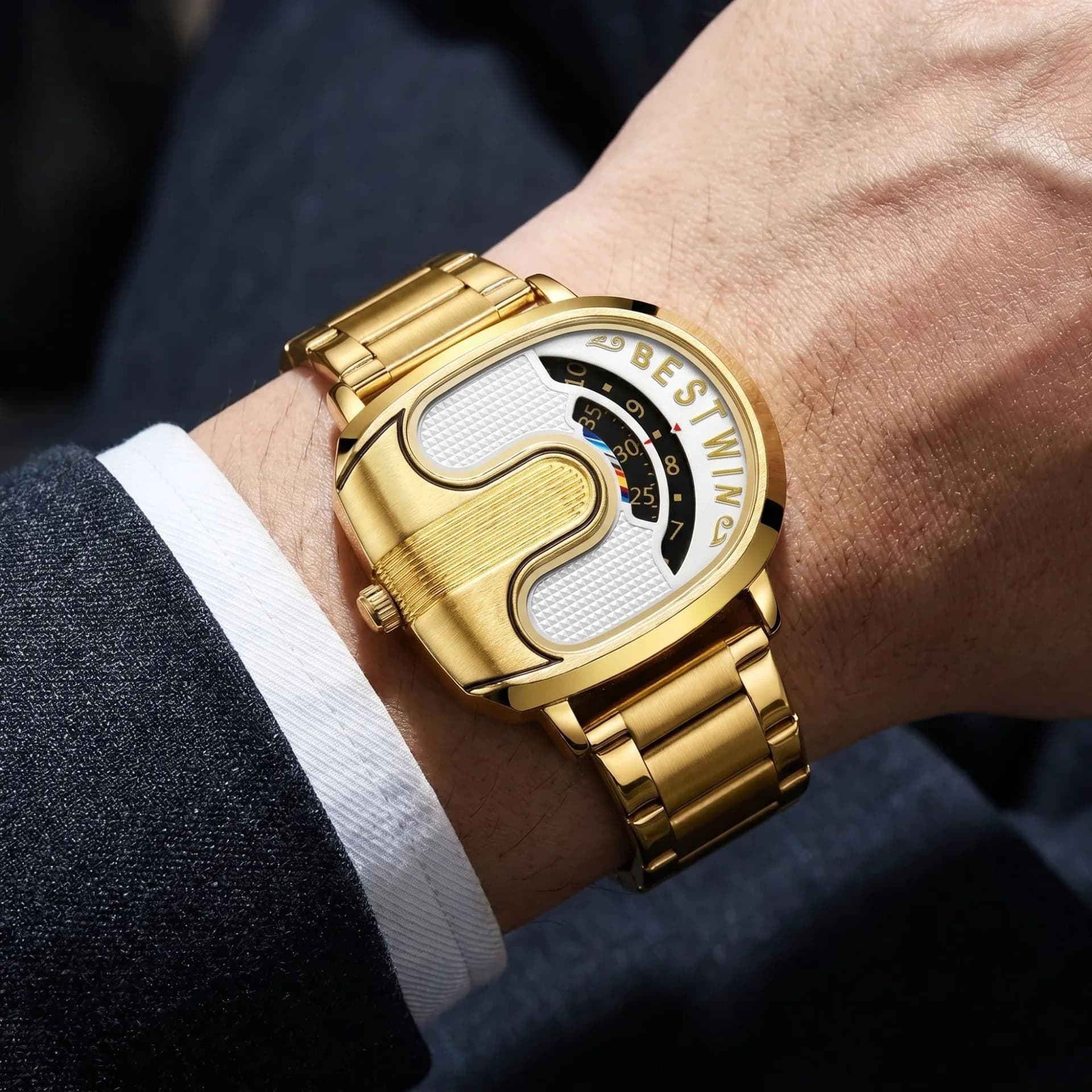 Gold top brand luxury men's quartz watch with unique design and personality, stainless steel trend, cool personality, niche high