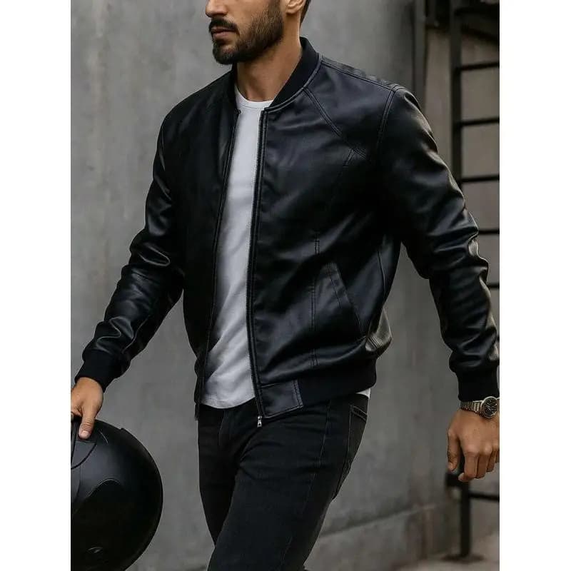 Men's Baseball Coat V-Neck PU Leather Jacket Long Sleeve Seven Sleeve Zipper Closure Extended Length Fashionable Men's Jacket