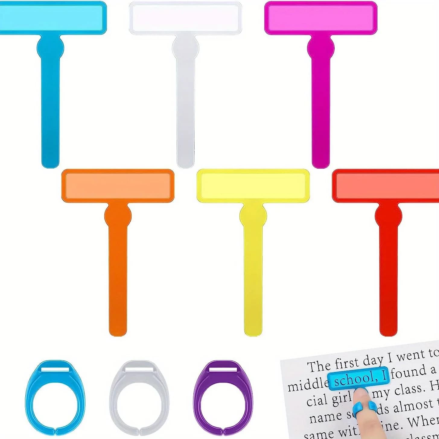 1pc Creative Reading Tracker, Finger Guided Reading Strips with Finger Rings, Reading Guide Focused Fluorescent Strips