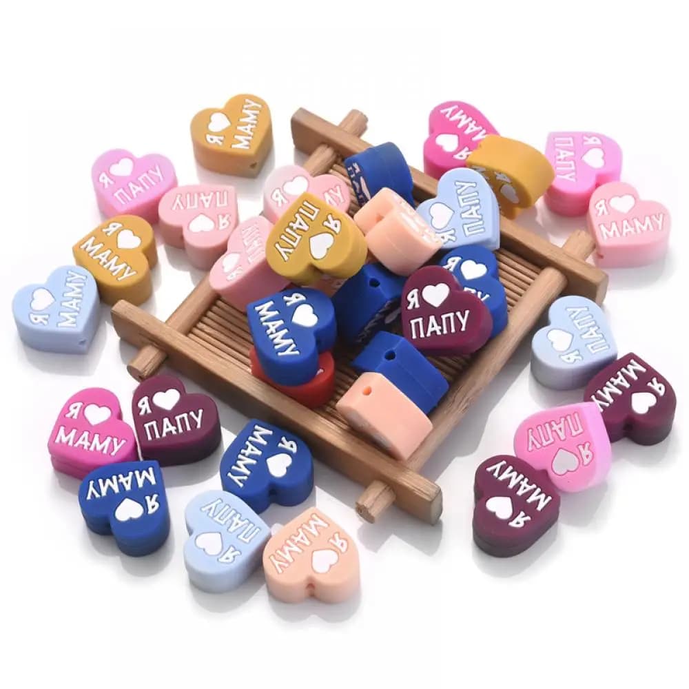 10 pz 18x20mm cuore massaggiagengive perline stampa lettera perline dentizione in Silicone per gioielli che fanno accessori catena ciuccio allattamento fai da te