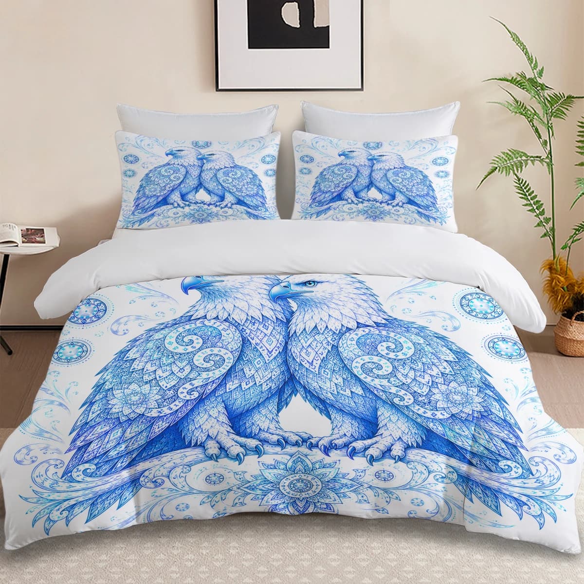 3PCS Duvet Cover Set Soft Zipper Washable Boho Blue Animal Mandala Seahorse Eagle Wolf Whale Horse Owl Bed Decor Holiday Gift
