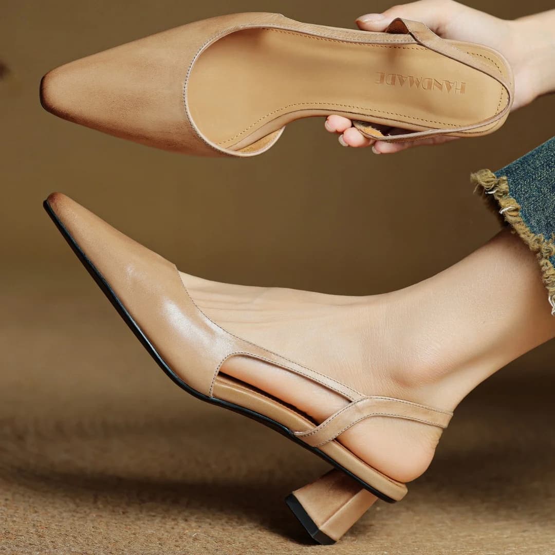 Women's cow leather pointed toe slingback sandals elegant ladies 5cm thin high heel slim daily dress heeled pumps shoes woman