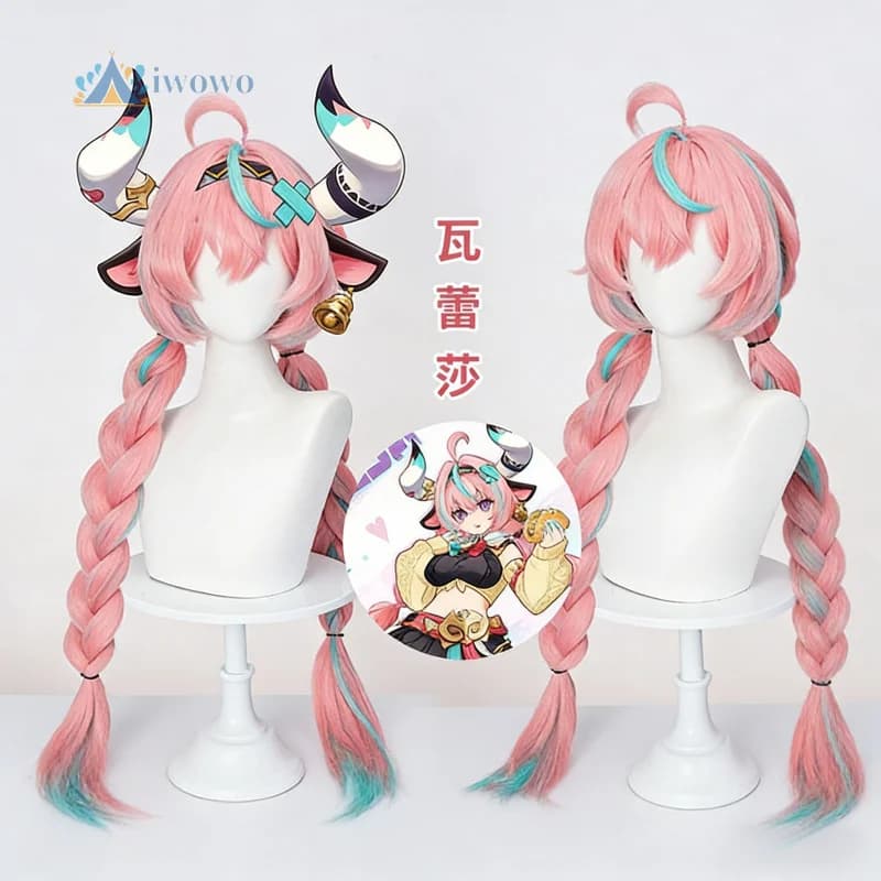 Parrucca cosplay Varesa Game Genshin Impact Parrucca sintetica resistente al calore con doppia coda di cavallo rosa blu Parrucche natalizie di Halloween