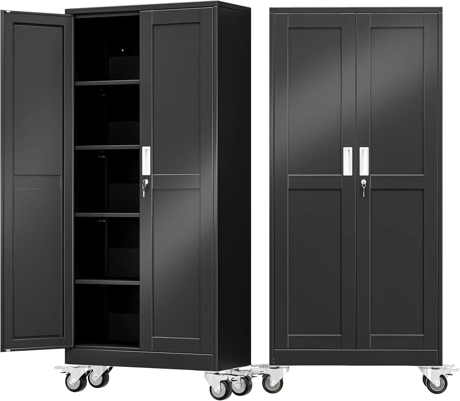 Armadio Metallico da Garage da 71 Pollici con Ruote e Serratura, Armadietto Portautensili in Acciaio Nero con 4 Ripiani Regolabili, Organizzatore Mobile con Chiusura per Casa, Ufficio, Negozio (30" L x 15" P)