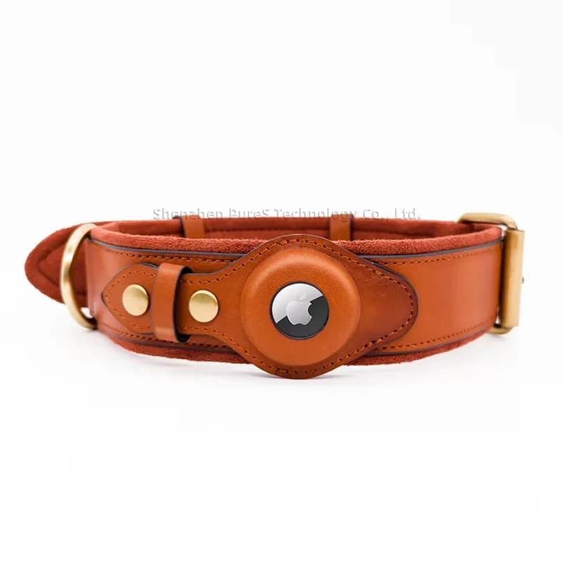 Collare per cani in pelle con supporto per localizzatore Custodia GPS anti-perdita per animali domestici Tracolla regolabile compatibile con Apple AirTag