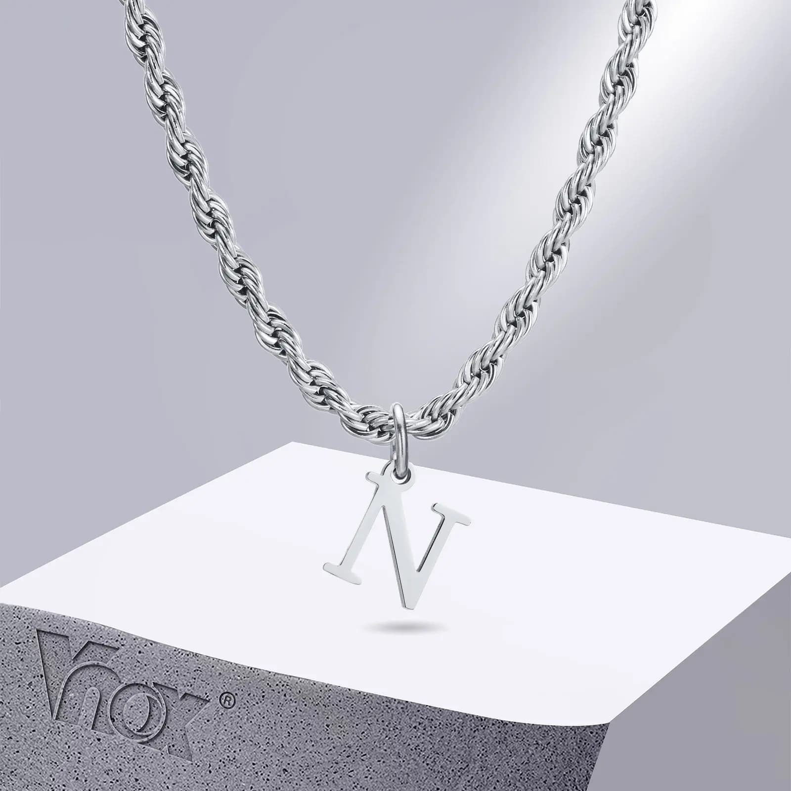 Collane iniziali Vnox per donna uomo, ciondolo con ciondolo alfabeto con lettere AZ in acciaio inossidabile con catena a corda intrecciata, collare unisex