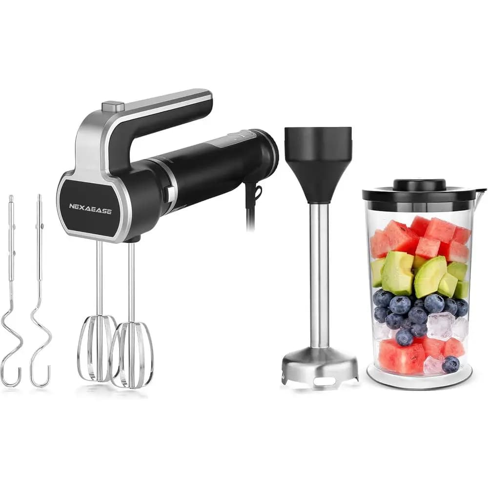 Frullatore a Immersione con Frusta, Sbattitore e Bicchiere per Miscelare - Mixer Elettrico Portatile per Cucina e Preparazione Alimenti per Bambini