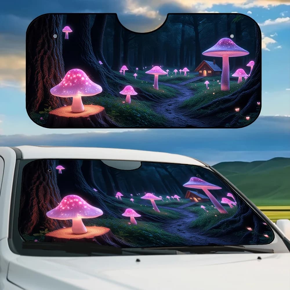 1pc Fantasy Fairy Mushroom Forest Car Sunshade - High-Quality Polyester Windshield Cover With Enchanted Forest Design, Reduces H