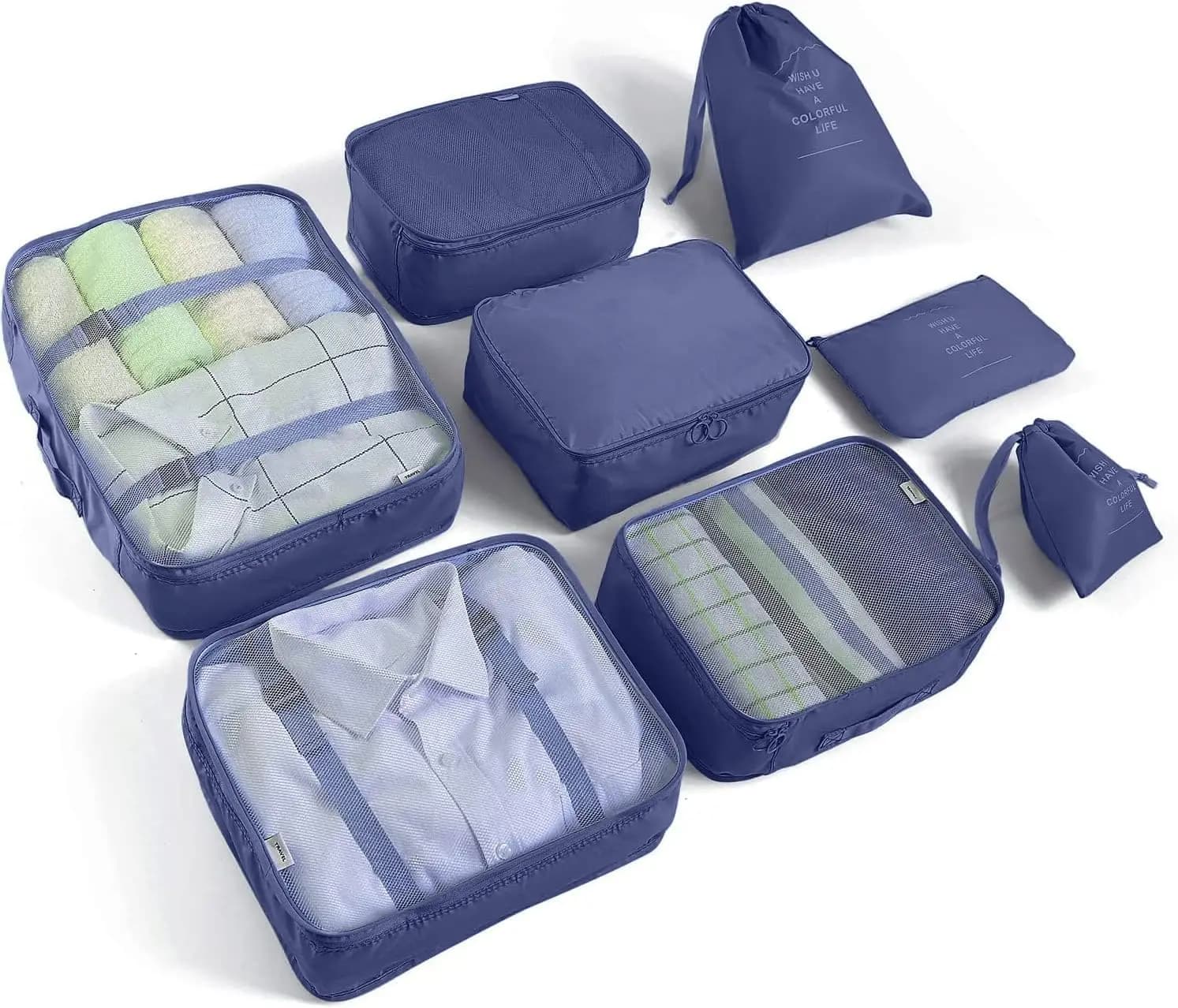Set di 8 Cubi Organizzatori da Viaggio con Borse per Scarpe e Articoli da Toilette - Blu Scuro