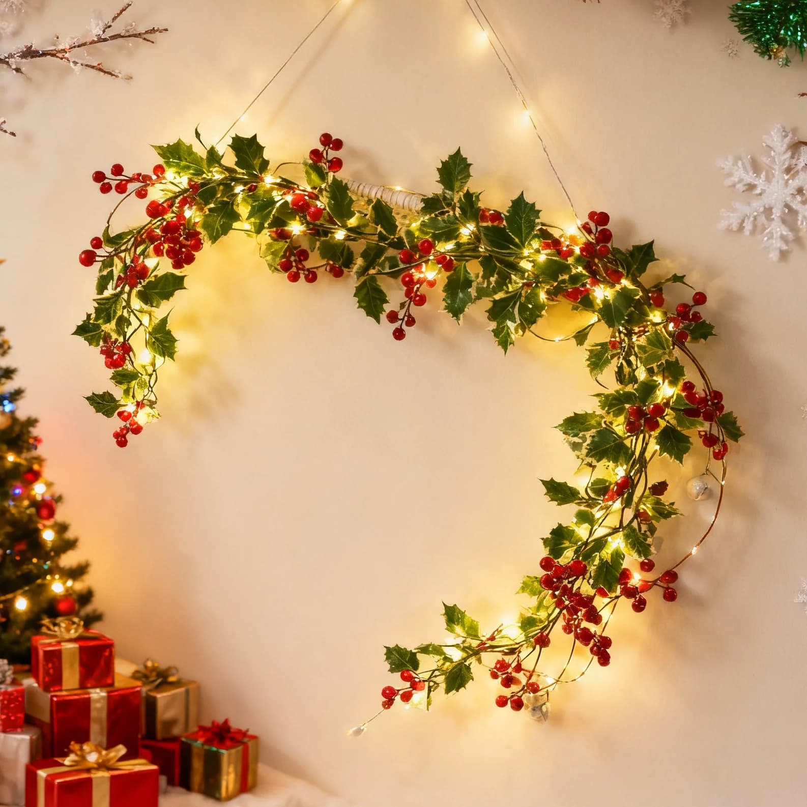 Berry Green Leaf Vine LED Lights Christmas Wreath Artificial Plant Christmas Party Decorations Home Wall Hanging New Year Gift
