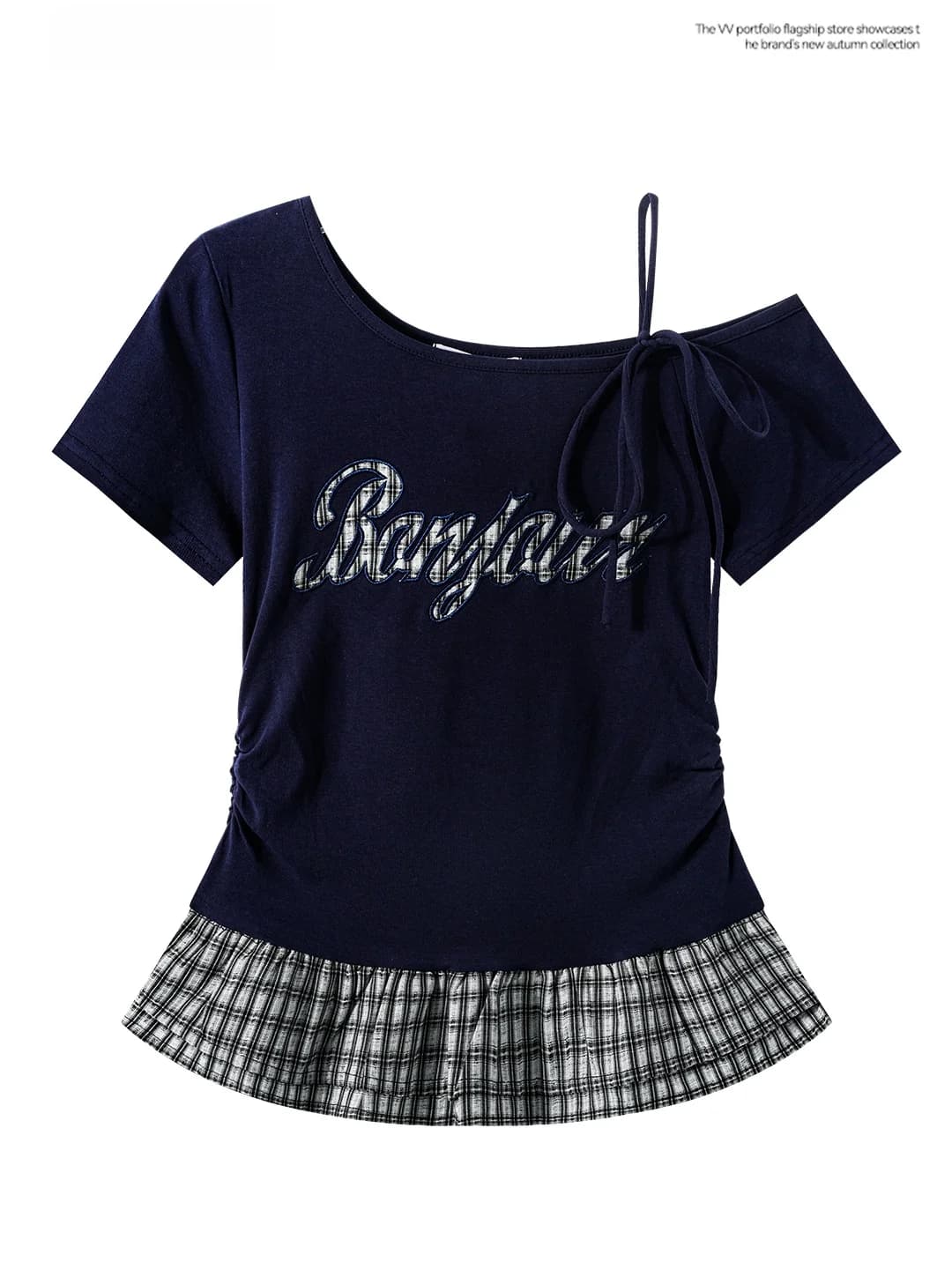 Retro Spicy Blue Short Sleeve T-Shirt Women's Slim Fit Letter Embroidery Side Collar Ruffle Hem Summer Top Korean Style