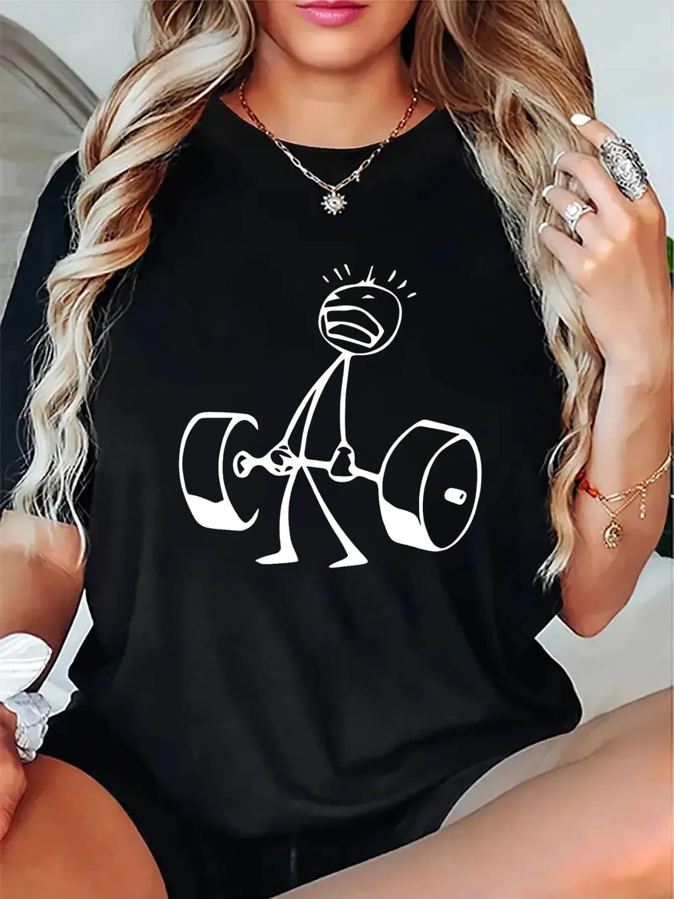Dumbbell Graphic Print Tee Gym Casual Wear Summer Short Sleeved Harajuku Streetwear Tops Tees Men Women Clothing Popular