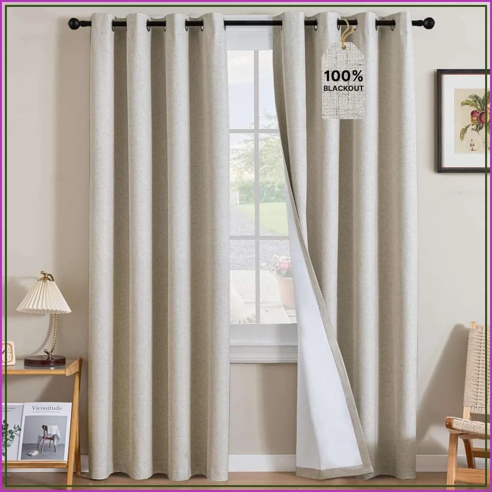 100% Blackout Linen Curtains 84 inch Long, 2 Panels, Light Blocking, Room Darkening, Nickel Grommet, Heathered Linen
