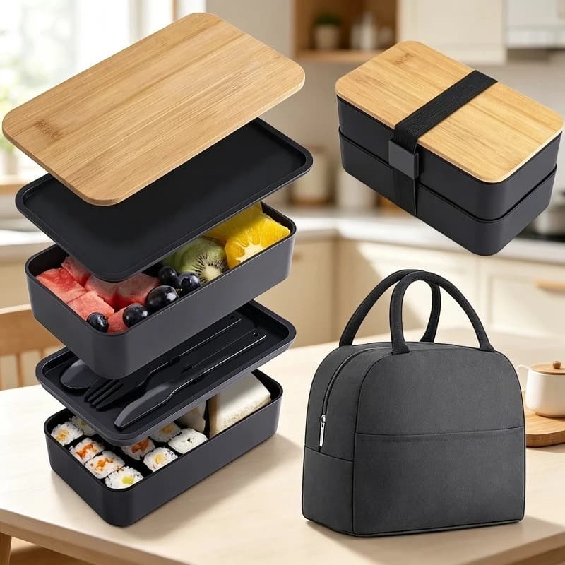 Wheat Straw Double Layer Bamboo Lid Lunch Box Divided Microwave Safe Plastic Sushi Bento Box Food Container Set