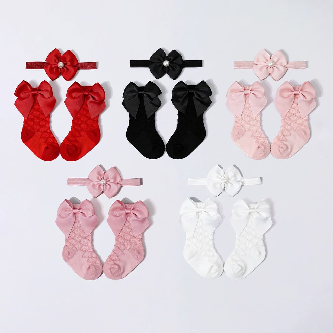 Baby Bow Headband Socks Set Simulated Pearl Bowknot Hairband Solid Color Grid Kids Stockings Newborn Photography Props Headwear