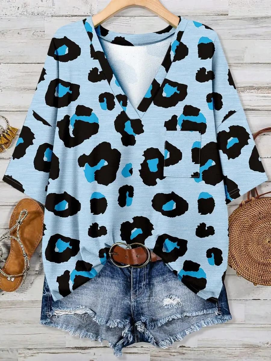 Casual Leopard Print V-Neck T-Shirt With Pocket For Summer