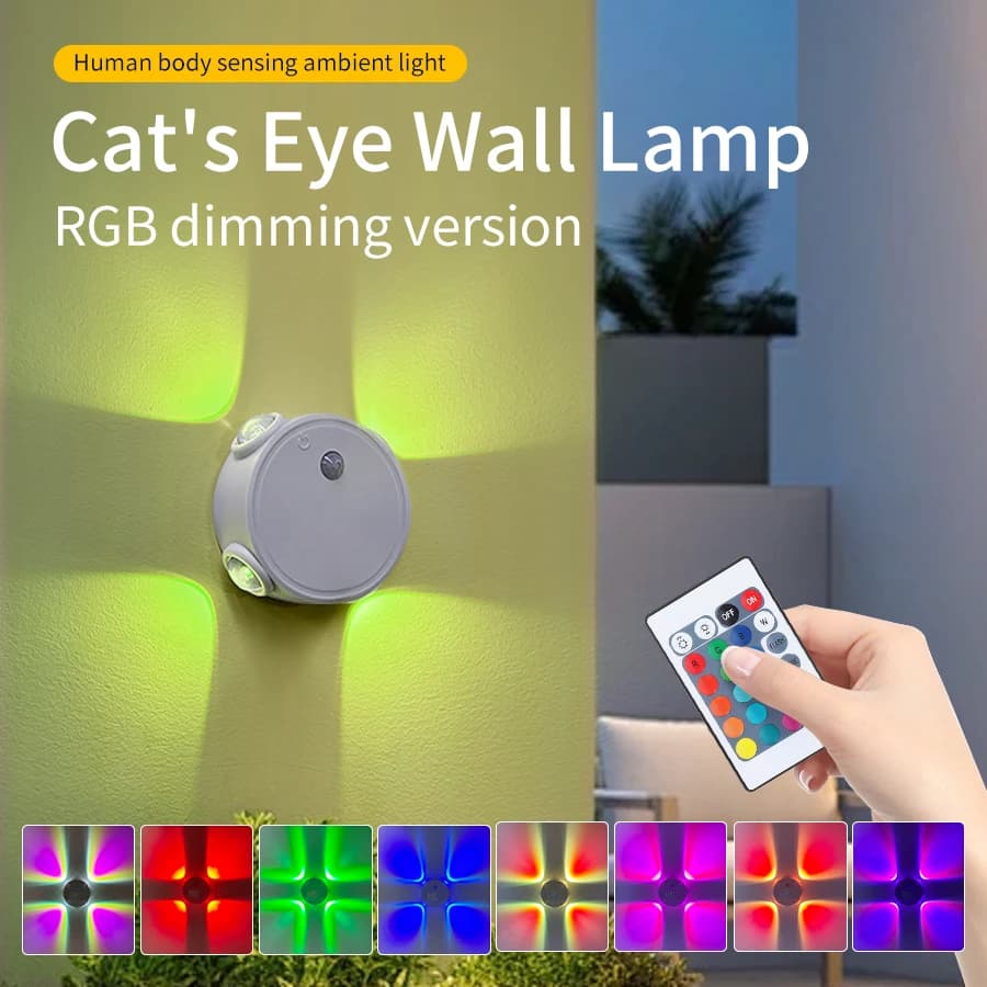 Lampada da Parete Magnetica Ricaricabile a 4 Teste con Sensore di Movimento, Luce Notturna a 3 Colori/RGB Effetto Occhio di Gatto per Decorazione di Stanze, Corridoi e Scale