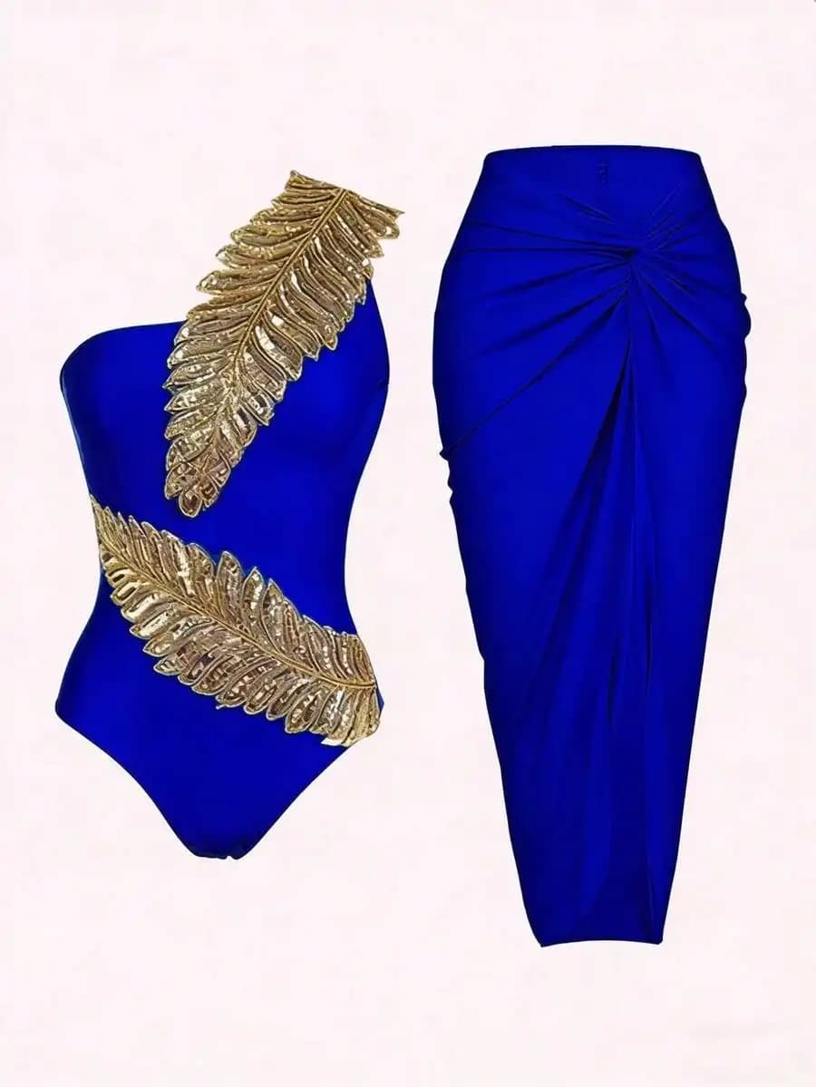 Royal Blue Sequin Leaf Print One Shoulder Swimsuit With Draped Skirt Set