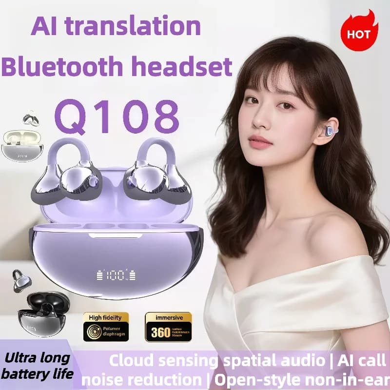 Translation AI Q108 Clip for Ear Wireless Bluetooth 6.1 Open Headphones Clip-On Sports Headphones IPX5 Waterproof AI-Bass