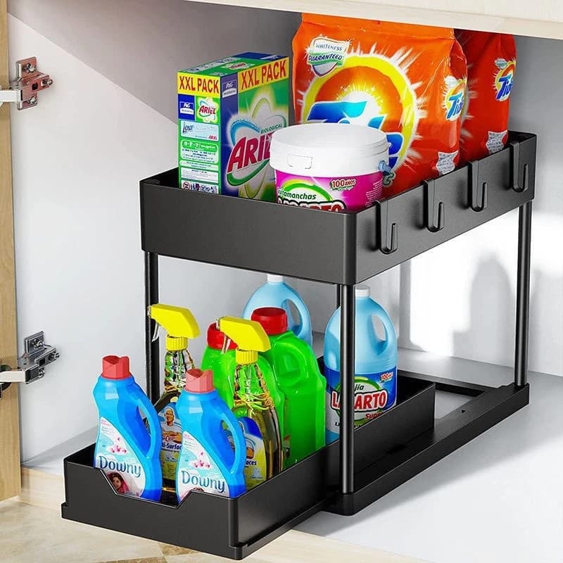 Organizer at 2 levels under the sink, sliding basket for locker with hooks, cup holder, bathroom organizer and kitchen