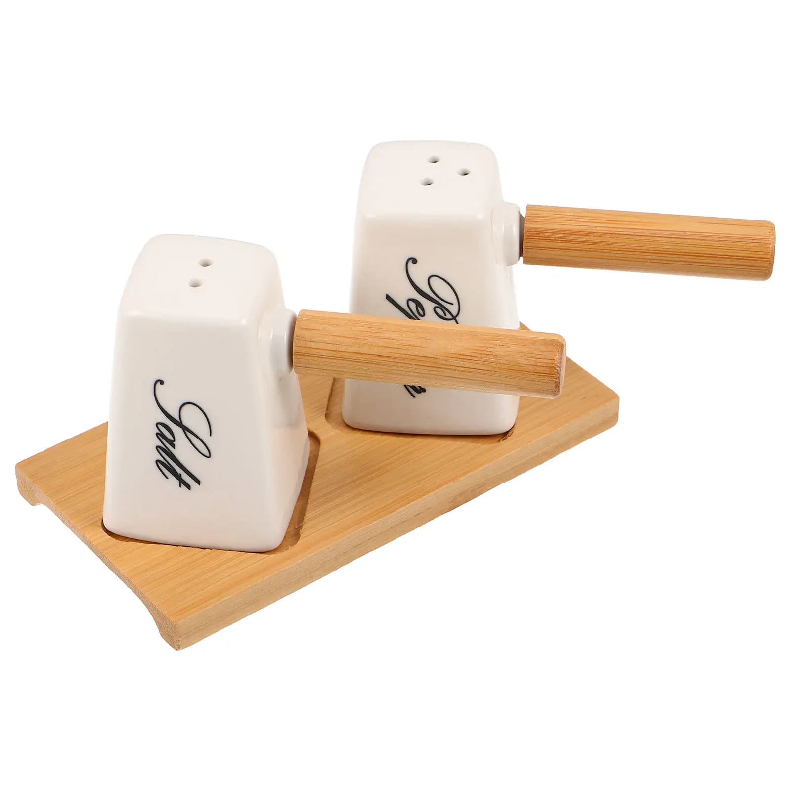 1Set Ceramic Spice Jar Set 85Ml Salt Pepper Shakers with Wood Handle Tray Stylish Farmhouse Kitchen Seasoning Containers Ceramic