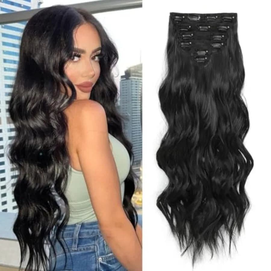 Fliace Clip in Hair Extensions, 6 PCS Natural and Soft Hair and Blends Well Hair Extensions, Dark Brown Long Wavy Hairpieces 24