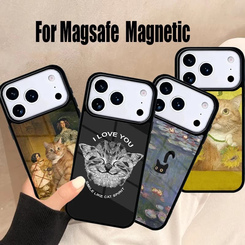 Custodia per telefono con grafica divertente di gatti per iPhone 17 Air 16e 15 14 13 12 11 Pro Max Plus, Cover magnetica wireless Magsafe