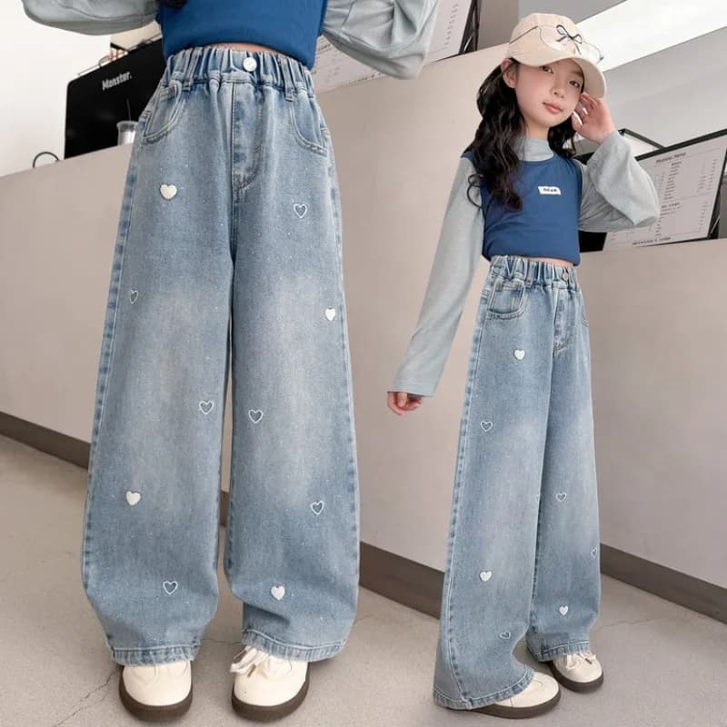Jeans Larghi per Ragazze 2026, Pantaloni in Denim con Cuori in Strass, Abbigliamento Casual Primavera-Autunno per Bambine 5-12 Anni