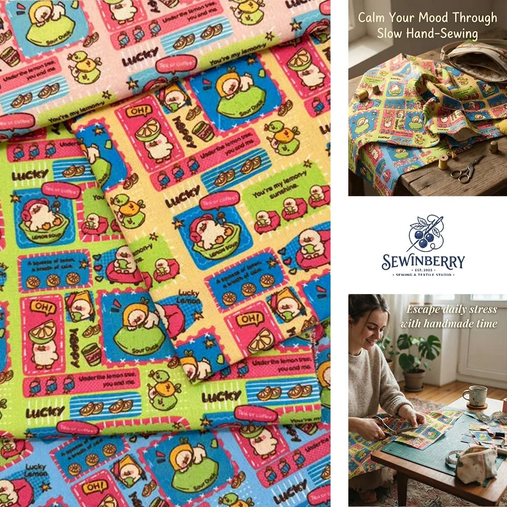 Slow Craft Kawaii Summer Lemon Duck Postage Stamp Print Cotton Fabric Mindful Hand Sewing Material For Luxury