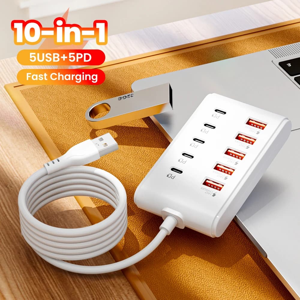 Caricatore USB veloce 10 in 1 Ciabatta Stazione di ricarica da tavolo Ricarica rapida Cavo da 1 m Presa adattatore HUB USB per Home Office