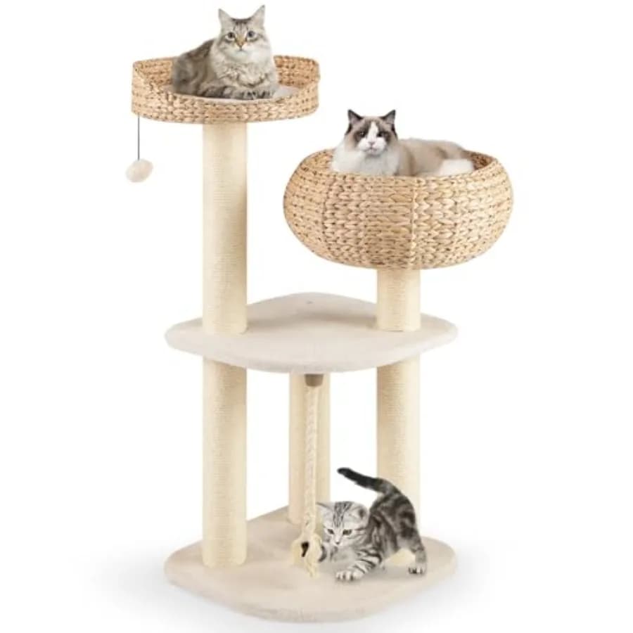 Albero per Gatti Moderno e Alto con Tiragraffi in Sisal Naturale, Cuccia per Gatti in Vimini Fatta a Mano, Postazione Superiore e Divertente Giocattolo Sospeso con Palla C
