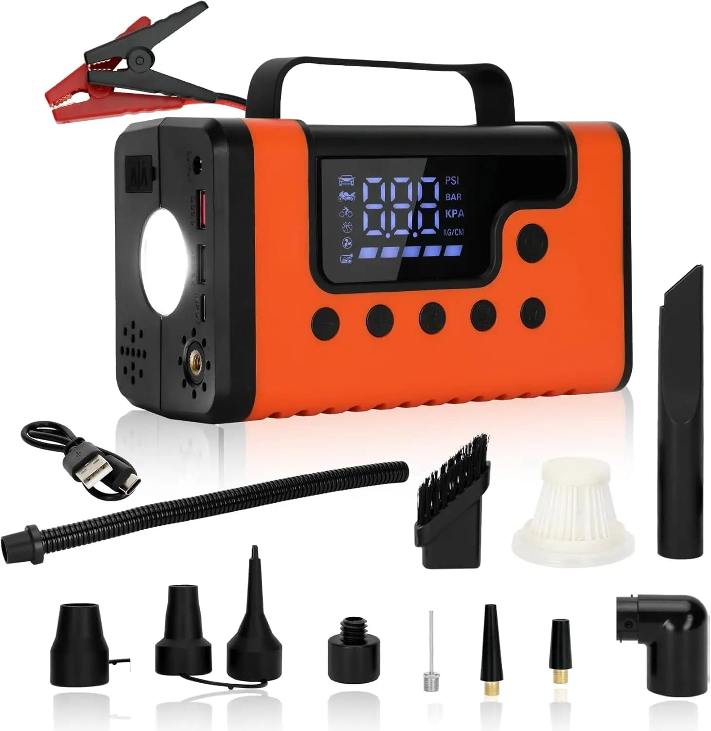 Avviatore di emergenza 3000A con compressore d'aria e aspirapolvere, 12V/150PSI, per avviamento auto, gonfiaggio pneumatici, controllo della pressione