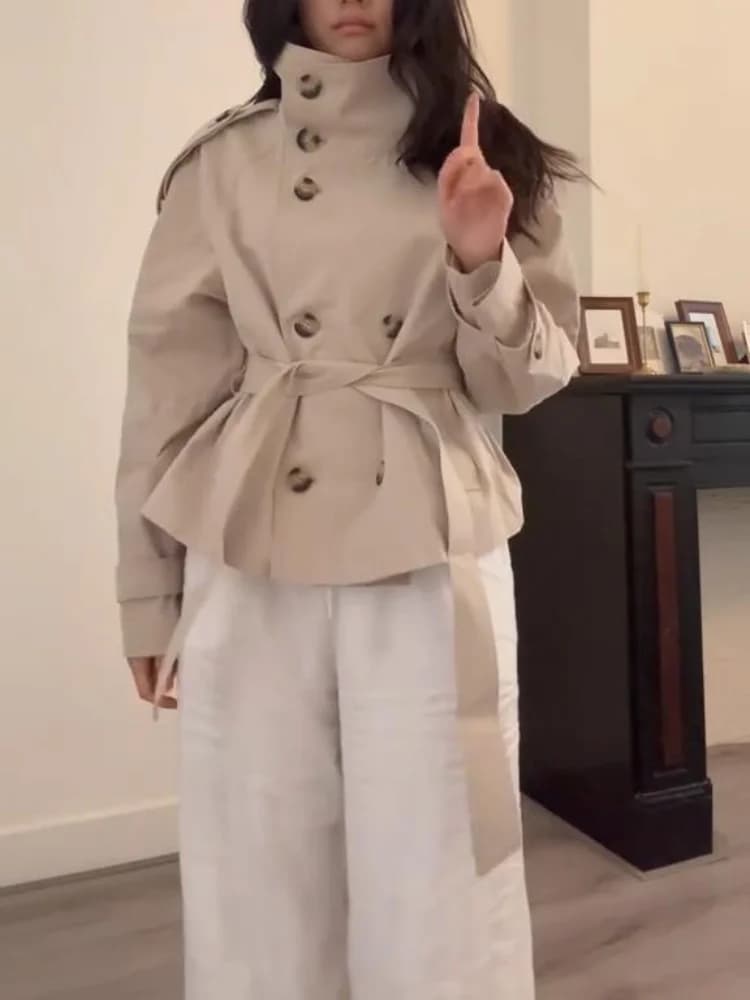 Giacca a vento primaverile da donna con cintura, collo alto, doppiopetto, maniche lunghe e tasche - Elegante streetwear per il pendolarismo