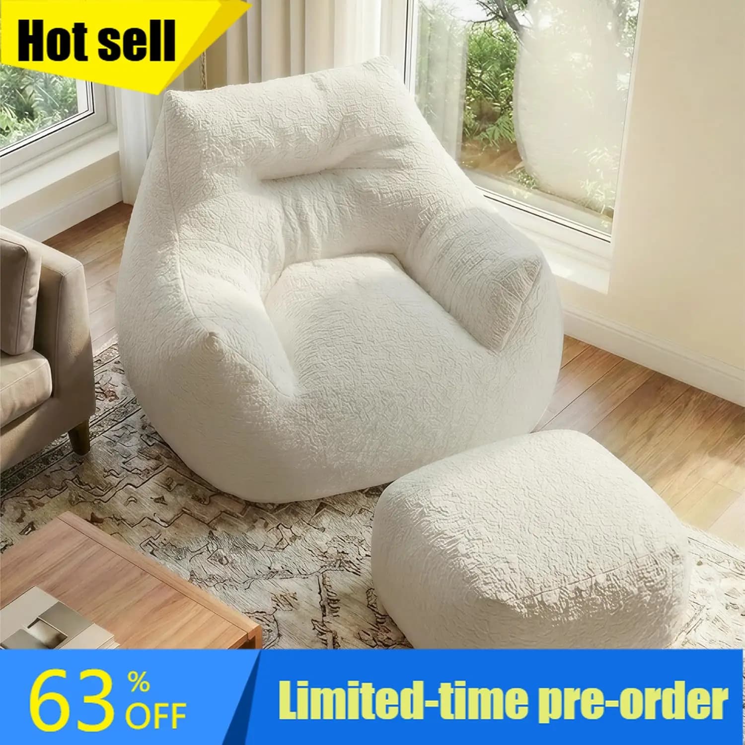 Cloud Large Bean Bag Chair with Ottoman for Adults,Ultra Soft Bean Bag with Armrests,Stuffed BeanBag Chair for Napping, Gaming,V