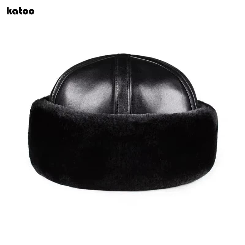 Black Flat Roof Caps Winter Thick Warm Male Ear Protection Bomber Hat Man Genuine Leather Faux Fur Skullcap Inside Hats