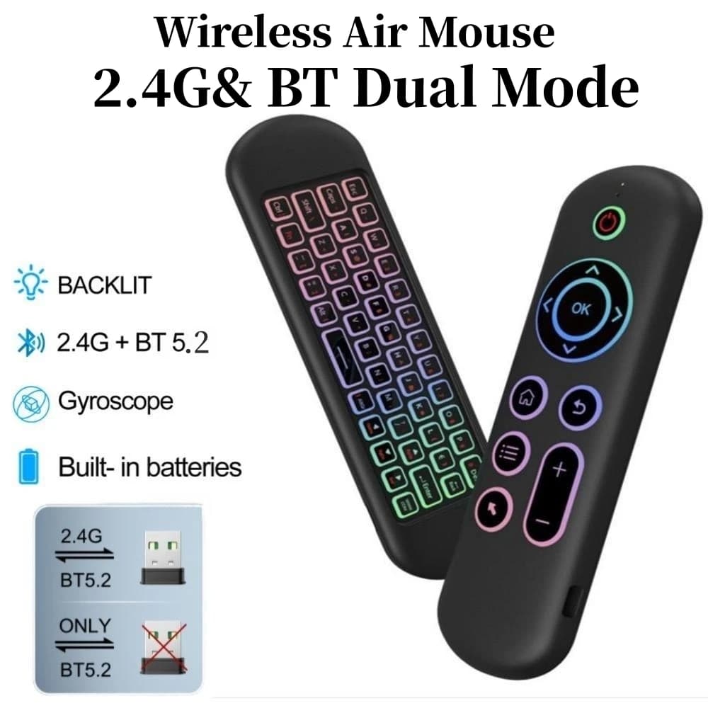 2.4G BT 5.2 Telecomando Giroscopio Wireless Air Mouse 7 Retroilluminazione a colori Ricevitore USB Mini tastiera per Android Smart TV Box PC