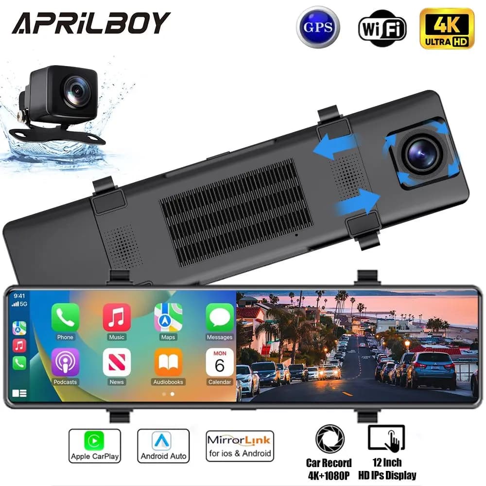 Aprilboy 12 ''4K Carplay e Android Auto Car DVR Dash Cam Telecamera per specchietto retrovisore per videoregistratore Telecamera posteriore 1080P