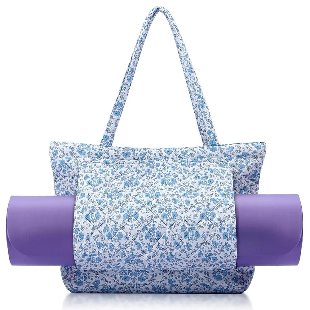 Borse da yoga trapuntate blu floreali con tasca porta tappetino per donna, graziosa borsa tote da yoga in cotone floreale con tracolla, ideale per